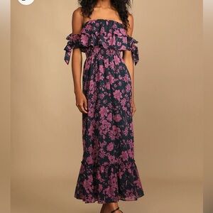 Love and Blooms Navy Blue Floral Print Off-the-Shoulder Dress